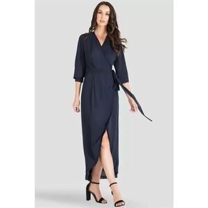 Standards & Practices - Elle Midnight Blue Tulip High Low Chiffon Wrap Dress siz